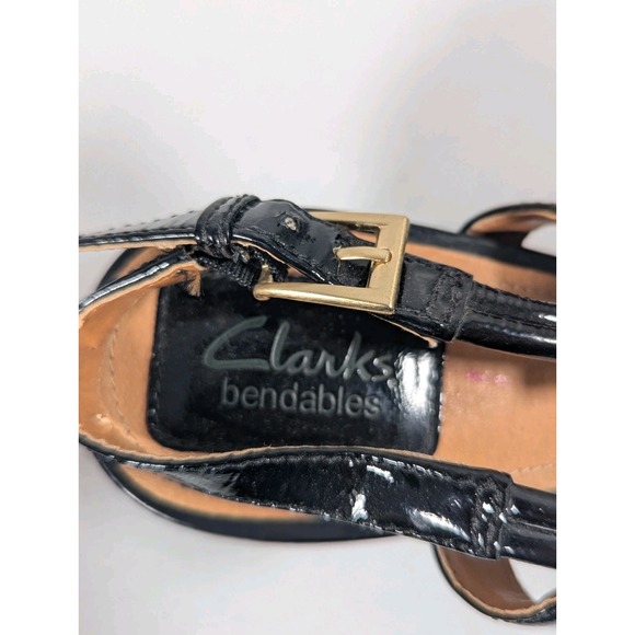 Clarks Bendables Wedge Heel 7.5 M‎ Fiddle Scroll T~Strap Black Leather - Picture 8 of 10